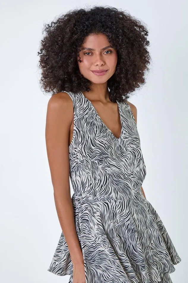 Women White Abstract Zebra Print Tiered Midi Dress Roman Dresses