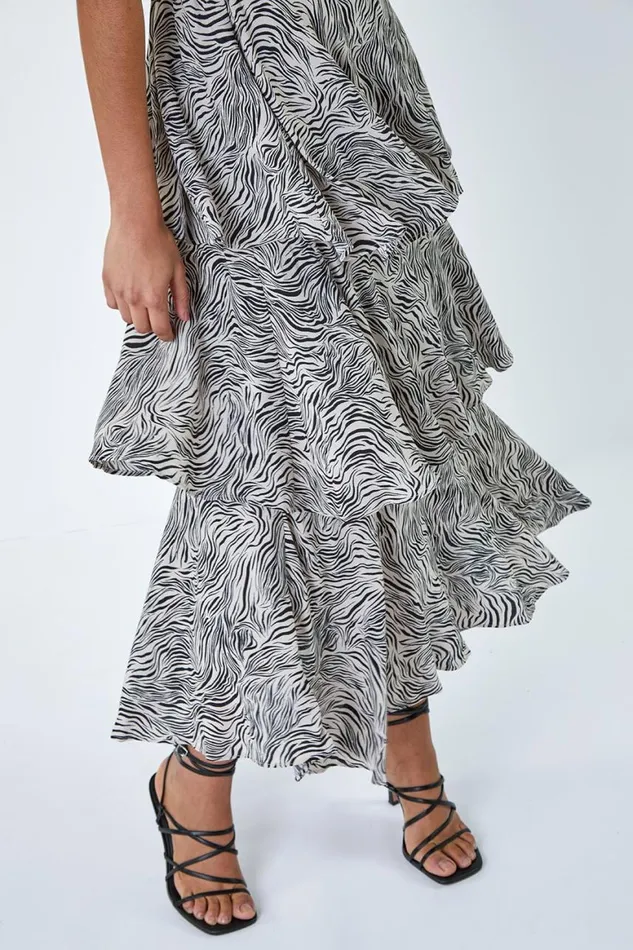 Women White Abstract Zebra Print Tiered Midi Dress Roman Dresses
