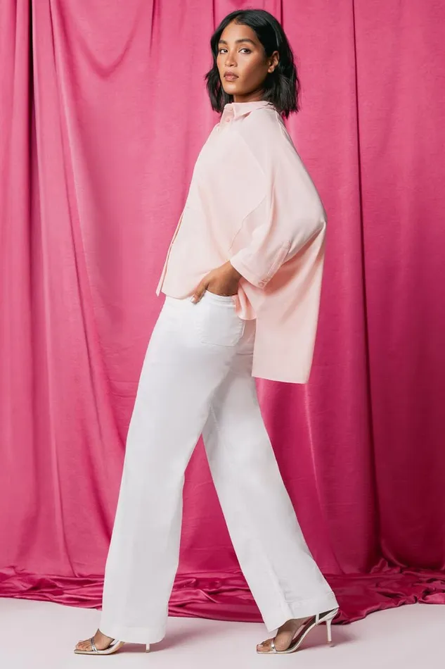 Women White Cotton Blend Wide Leg Stretch Jeans Roman Trousers