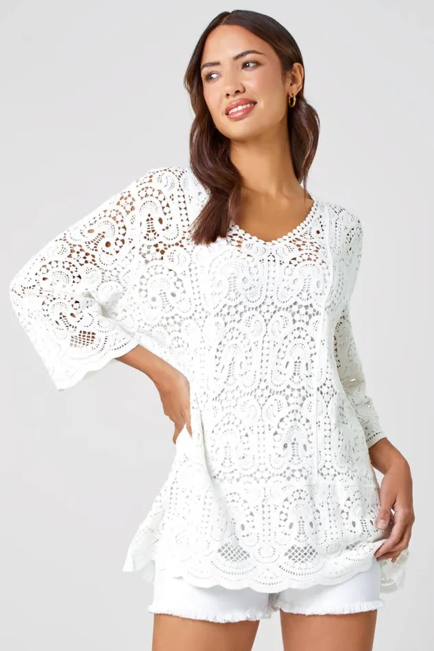 Women White Cotton Crochet Tunic Top Roman Tops