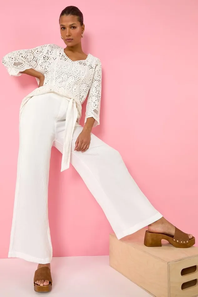Women White Cotton Crochet Tunic Top Roman Tops