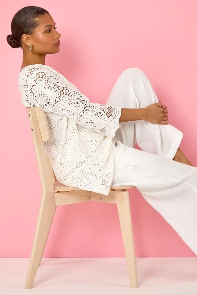 Women White Cotton Crochet Tunic Top Roman Tops