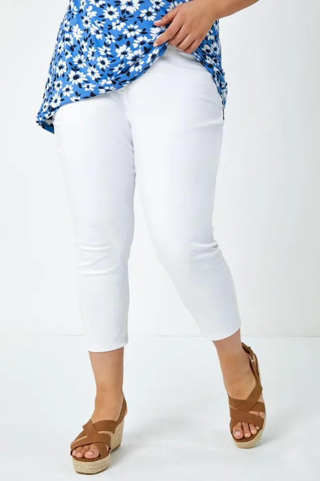 Women White Curve Elastic Waist Cropped Denim Jeggings Roman Trousers