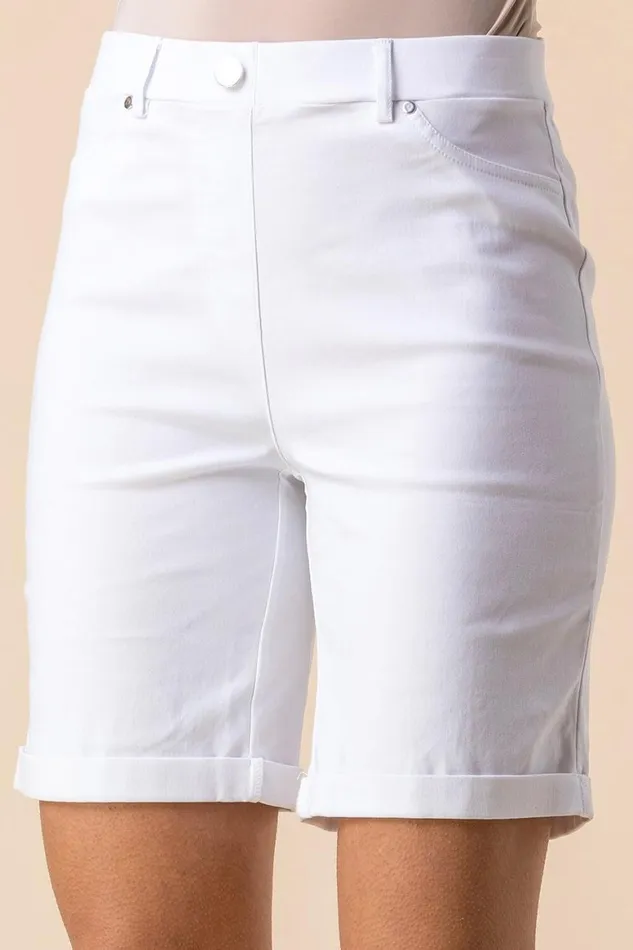 Women White Elastic Waist Turn Up Stretch Shorts Roman Shorts