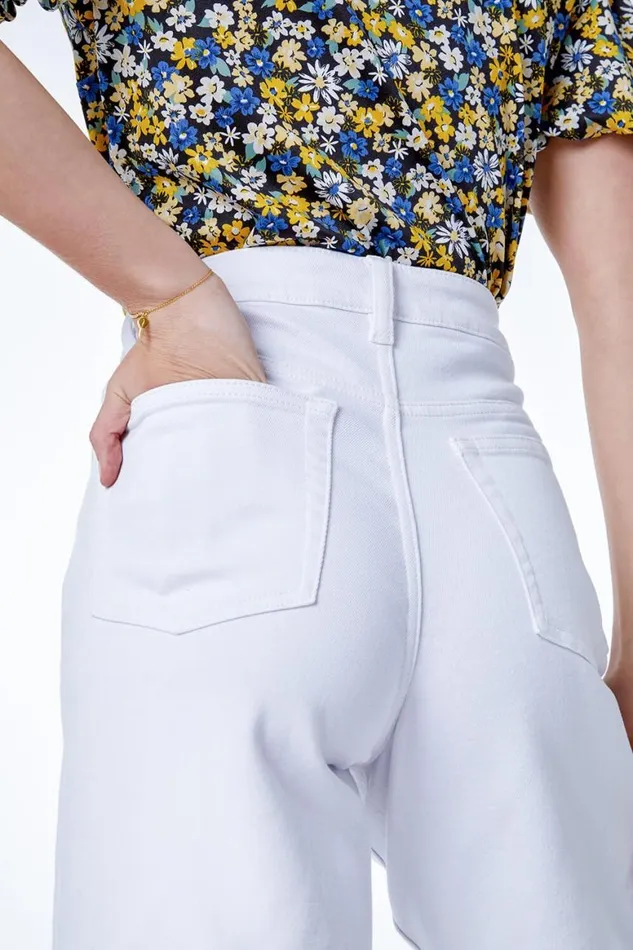 Women White Longline Denim Bermuda Shorts Roman Shorts