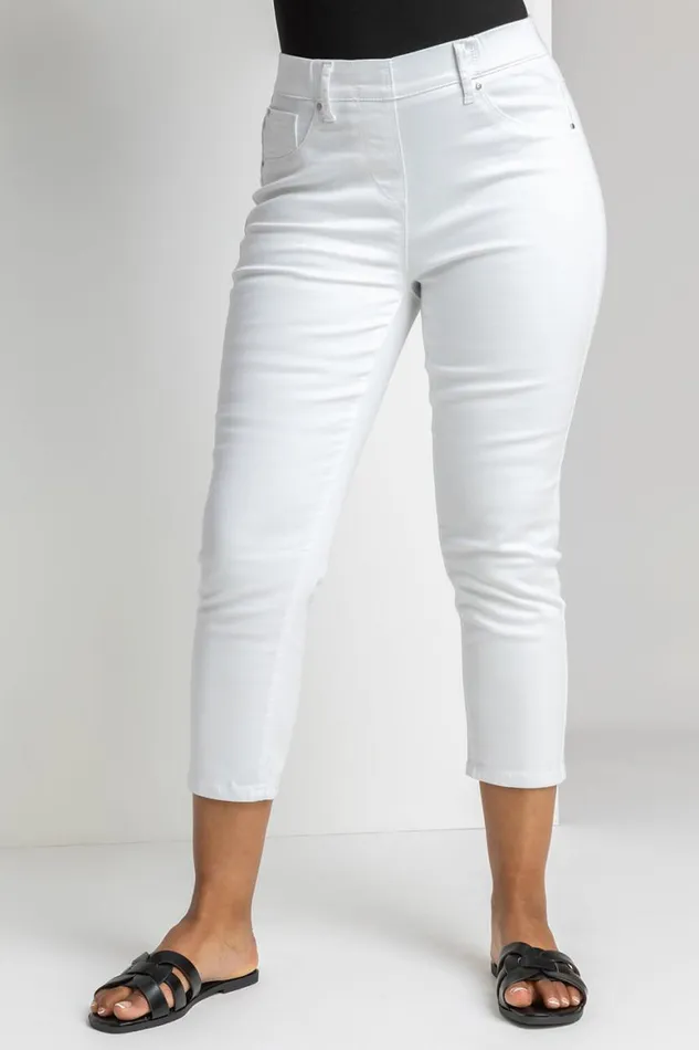 Women White Petite Elastic Waist Denim Cropped Jegging Roman Trousers