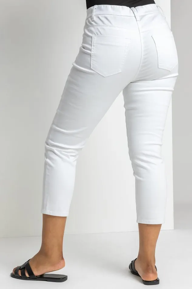 Women White Petite Elastic Waist Denim Cropped Jegging Roman Trousers