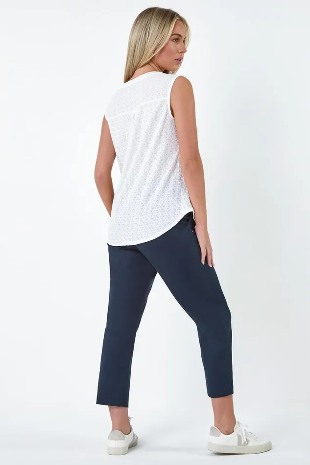Women White Petite Textured Sleeveless Top Roman Tops