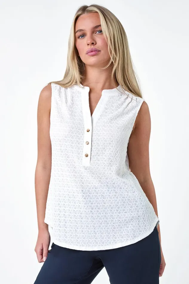 Women White Petite Textured Sleeveless Top Roman Tops