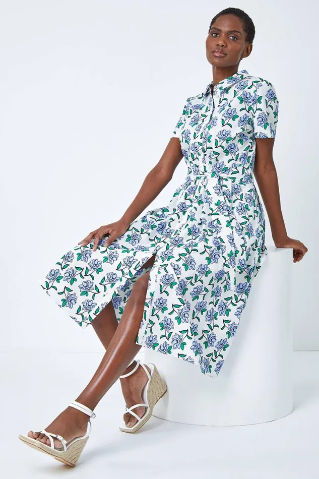Women White Rose Print Midi Shirt Dress Roman Dresses