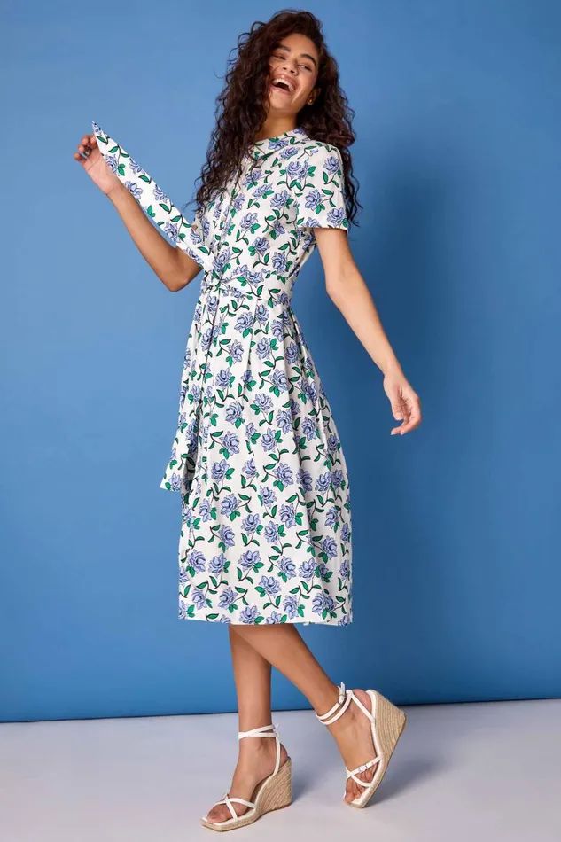 Women White Rose Print Midi Shirt Dress Roman Dresses