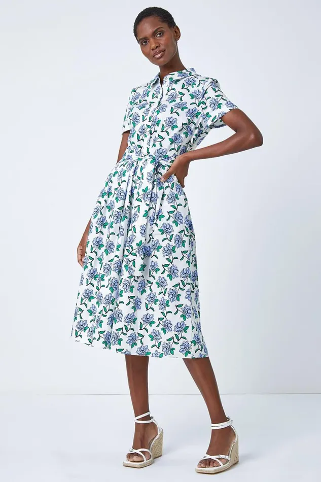 Women White Rose Print Midi Shirt Dress Roman Dresses