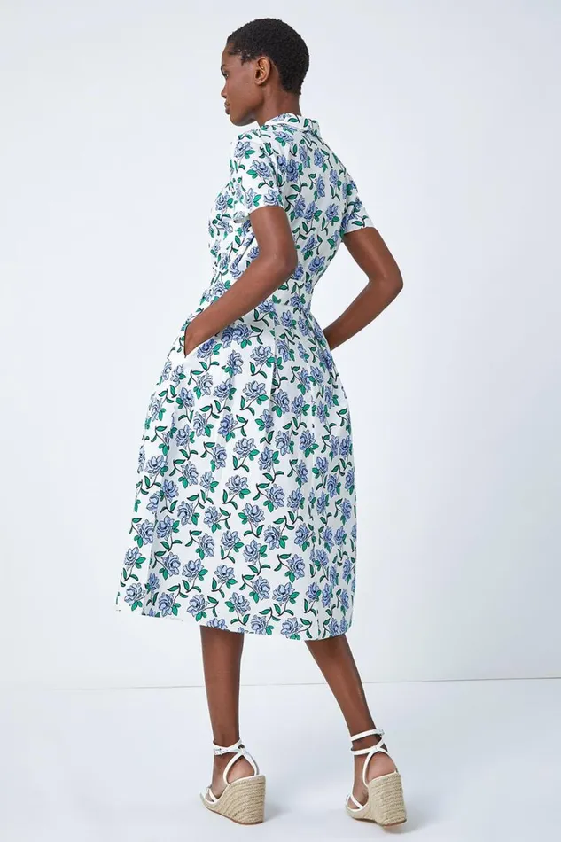 Women White Rose Print Midi Shirt Dress Roman Dresses