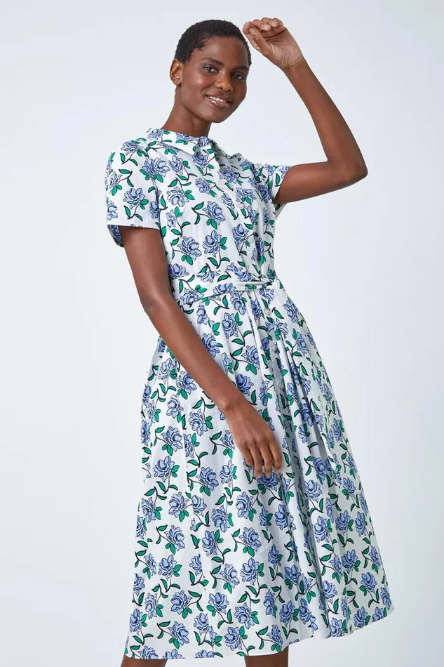 Women White Rose Print Midi Shirt Dress Roman Dresses