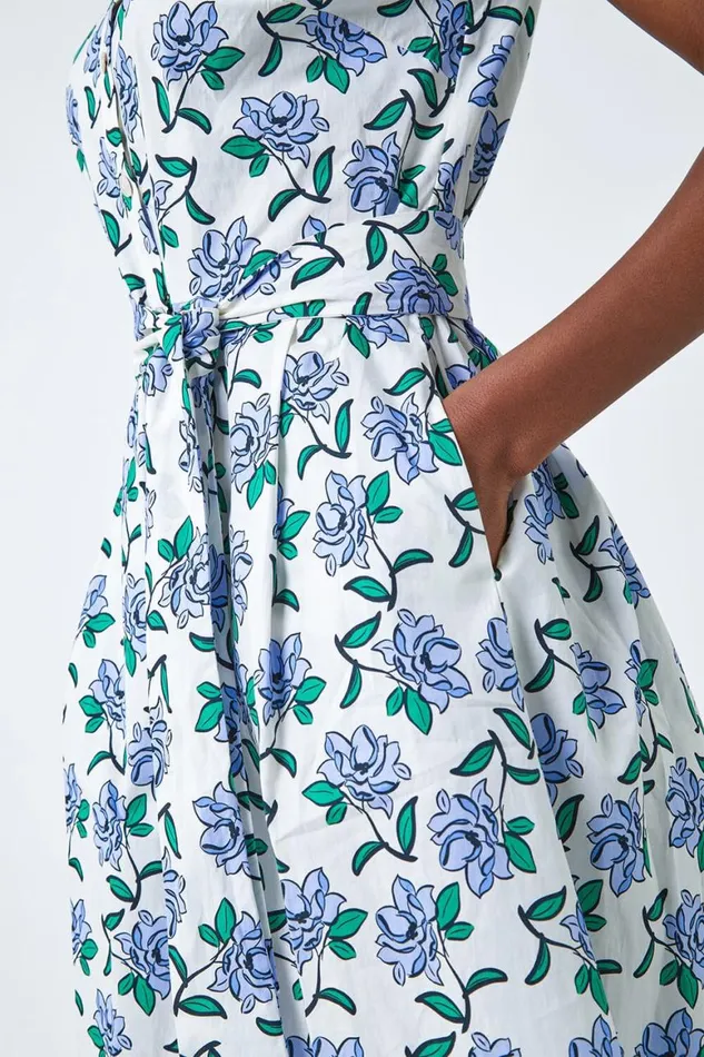 Women White Rose Print Midi Shirt Dress Roman Dresses