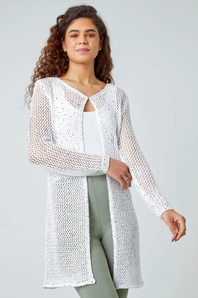 Women White Sequin Knit Longline Cardigan Roman Knitwear