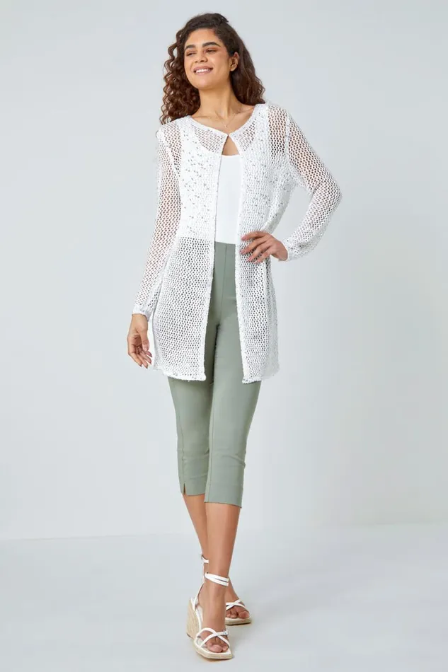 Women White Sequin Knit Longline Cardigan Roman Knitwear