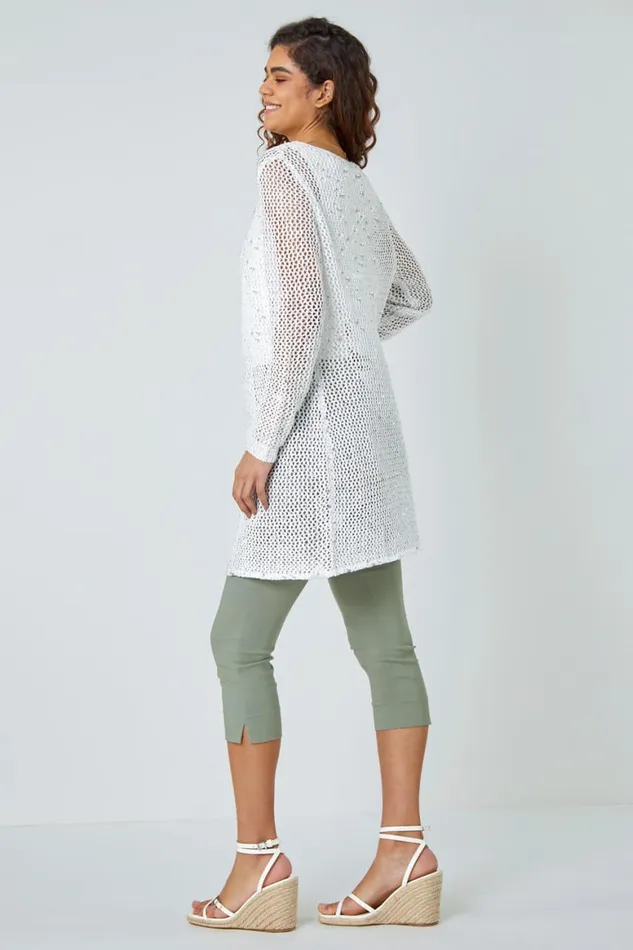 Women White Sequin Knit Longline Cardigan Roman Knitwear