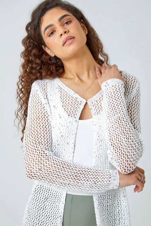 Women White Sequin Knit Longline Cardigan Roman Knitwear
