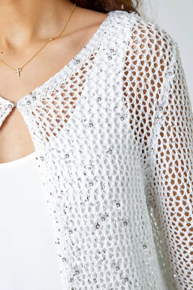 Women White Sequin Knit Longline Cardigan Roman Knitwear