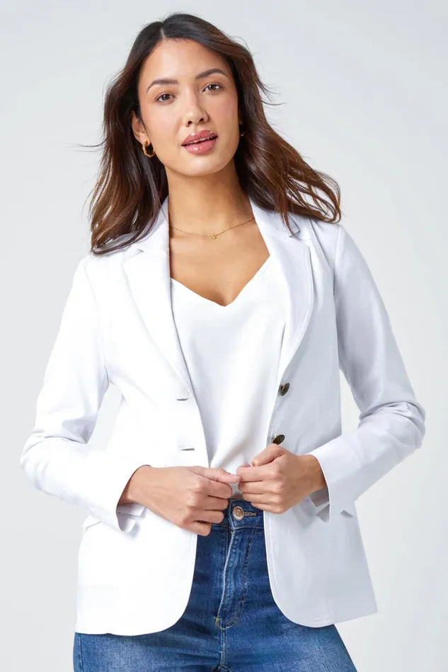 Women White Stretch Button Detail Blazer Roman Occasionwear