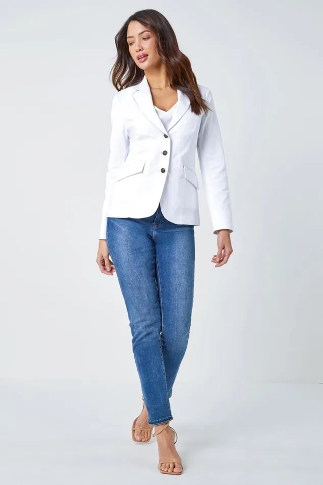 Women White Stretch Button Detail Blazer Roman Occasionwear