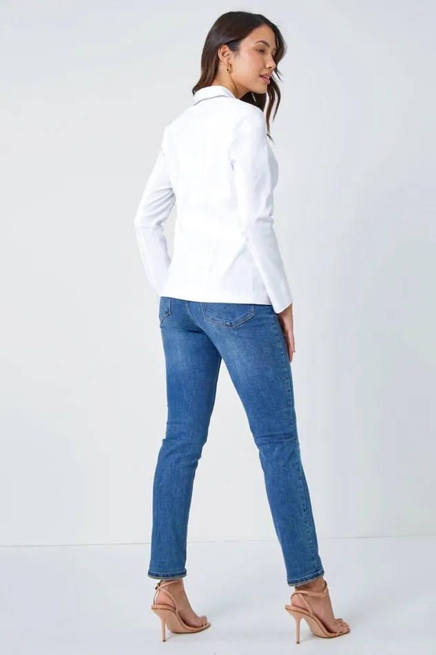 Women White Stretch Button Detail Blazer Roman Occasionwear