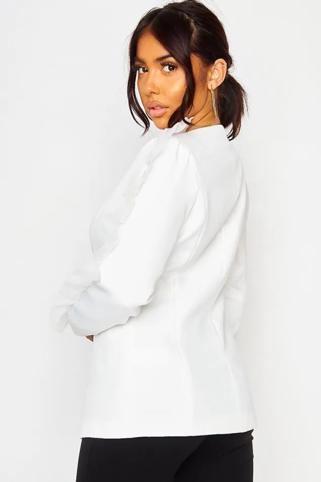 Women White Tulle Sleeve Blazer White Brentiny Paris Jackets