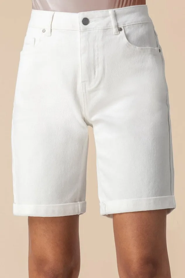 Women White Turned Hem Denim Stretch Shorts Roman Trousers