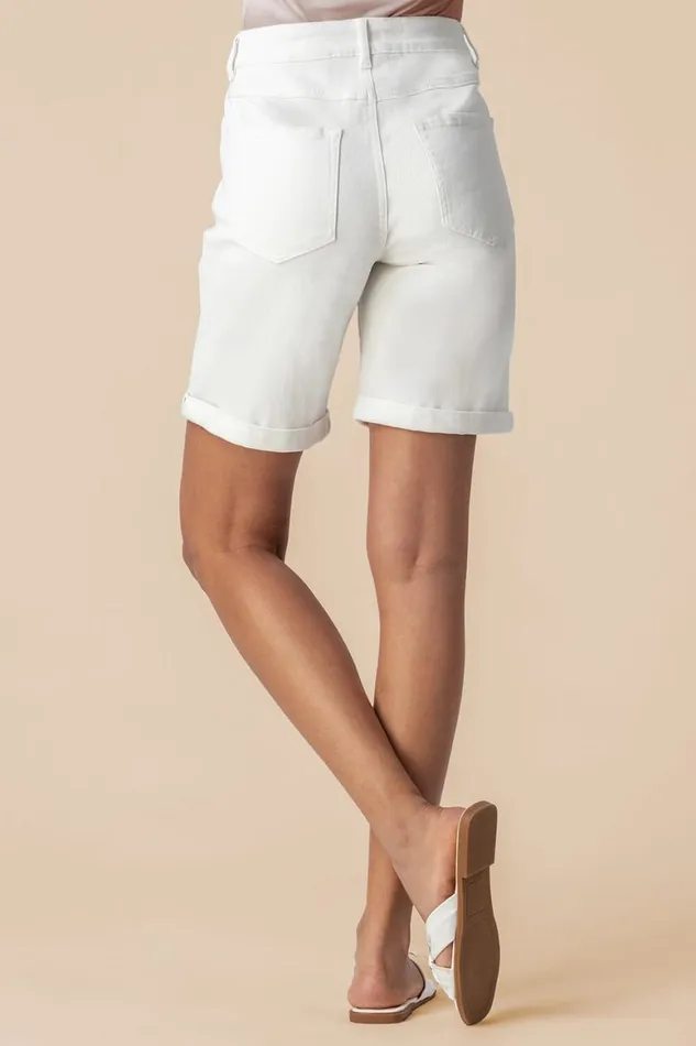 Women White Turned Hem Denim Stretch Shorts Roman Trousers
