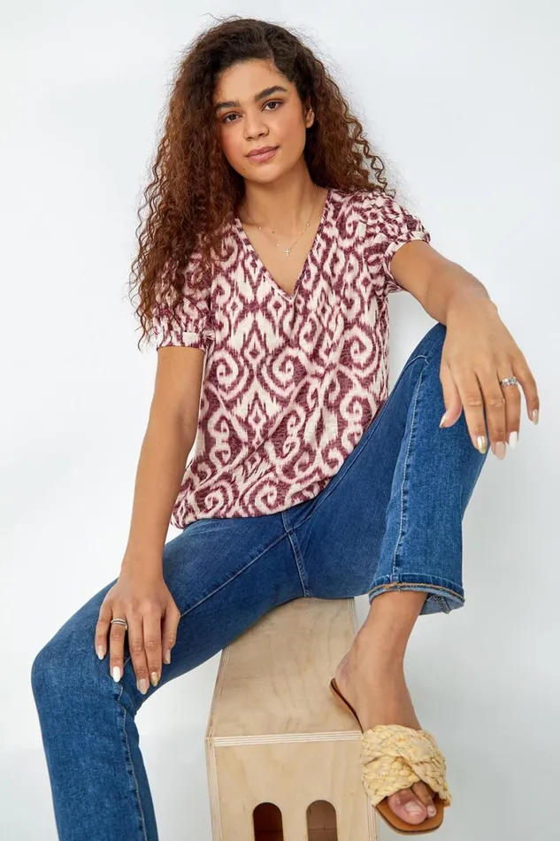 Women Wine Abstract Burnout Print VNeck Blouson Top Roman Tops