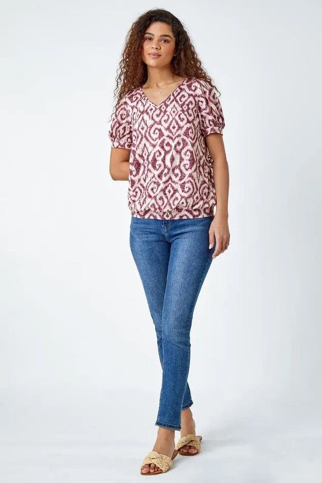 Women Wine Abstract Burnout Print VNeck Blouson Top Roman Tops