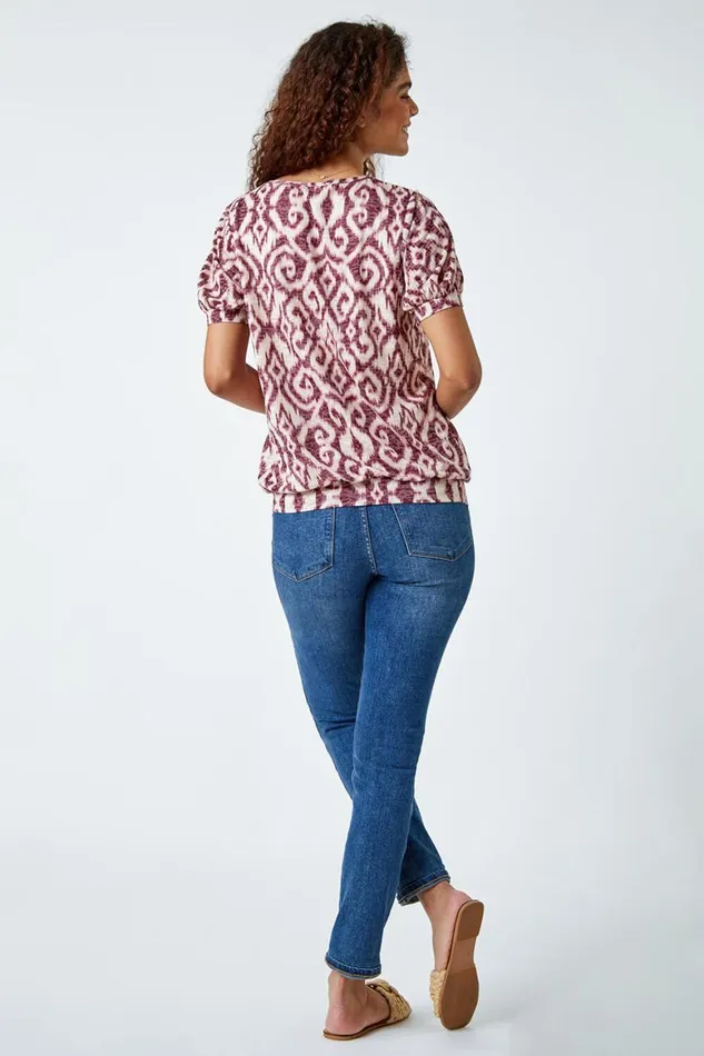 Women Wine Abstract Burnout Print VNeck Blouson Top Roman Tops