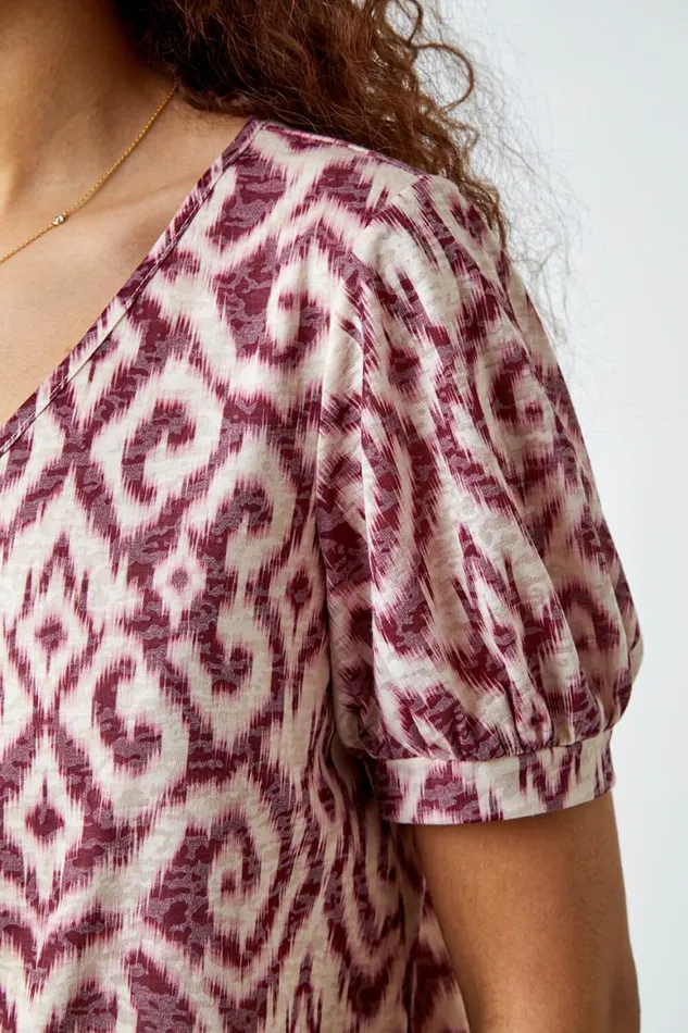 Women Wine Abstract Burnout Print VNeck Blouson Top Roman Tops