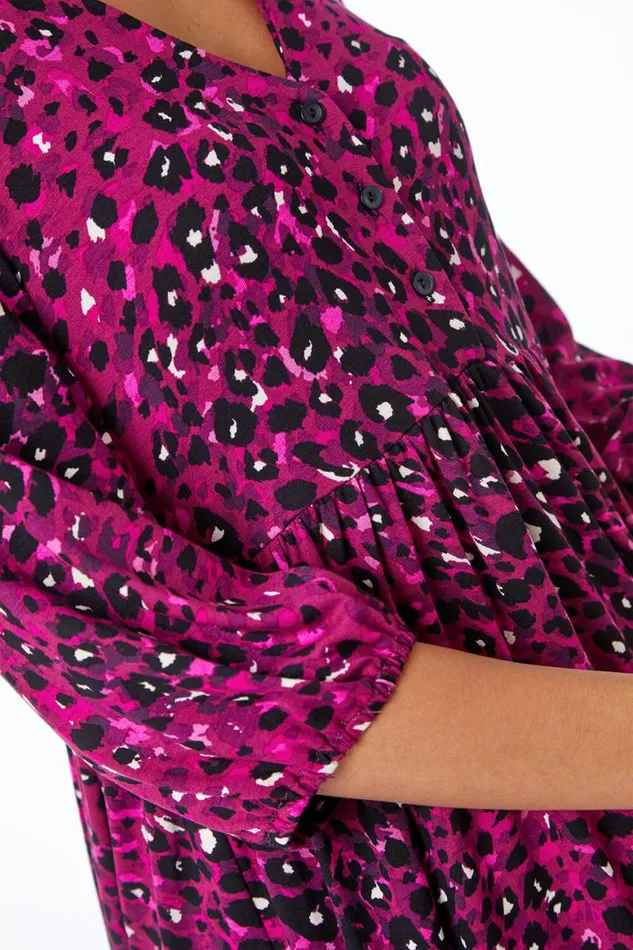 Women Wine Animal Print Smock VNeck Stretch Top Roman Tops
