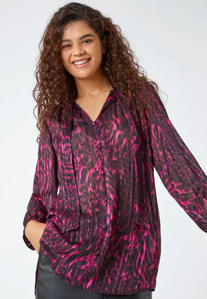 Women Wine Animal Print Tie Neck Chiffon Top Roman Tops