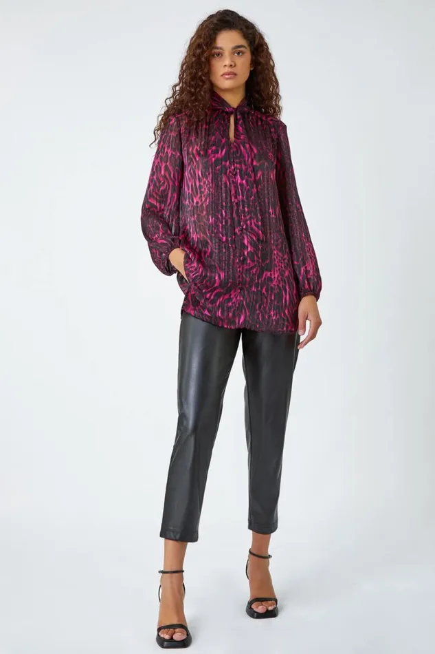 Women Wine Animal Print Tie Neck Chiffon Top Roman Tops