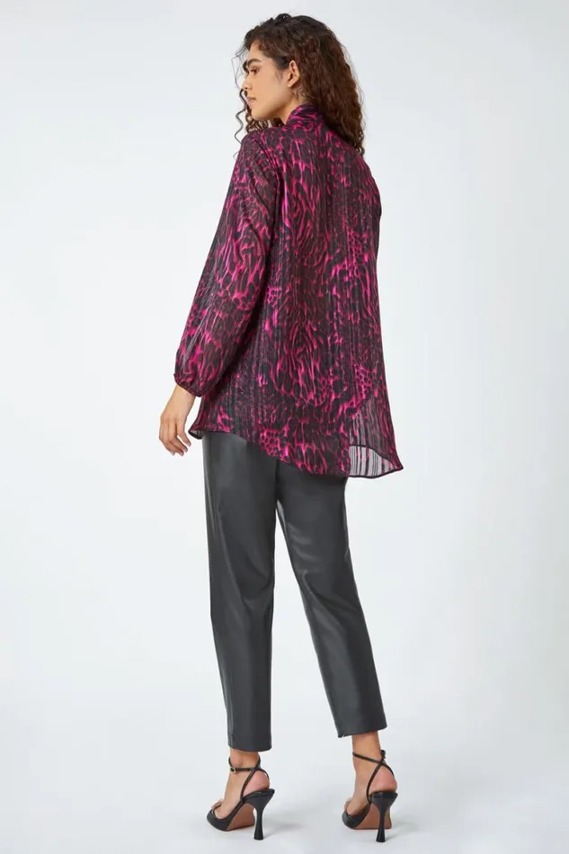 Women Wine Animal Print Tie Neck Chiffon Top Roman Tops