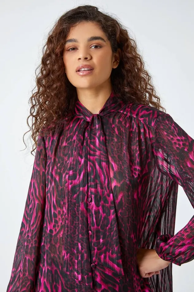 Women Wine Animal Print Tie Neck Chiffon Top Roman Tops