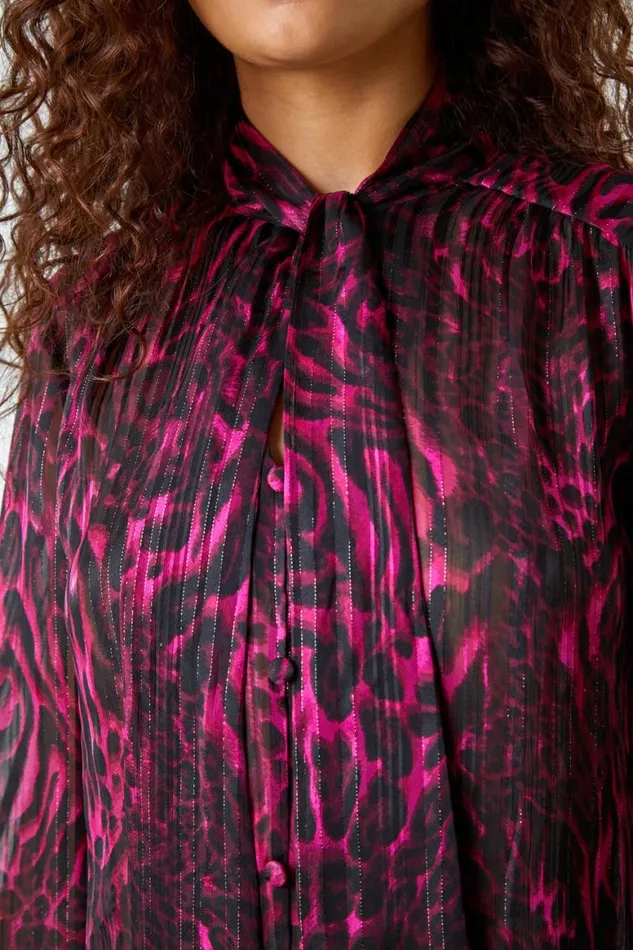 Women Wine Animal Print Tie Neck Chiffon Top Roman Tops