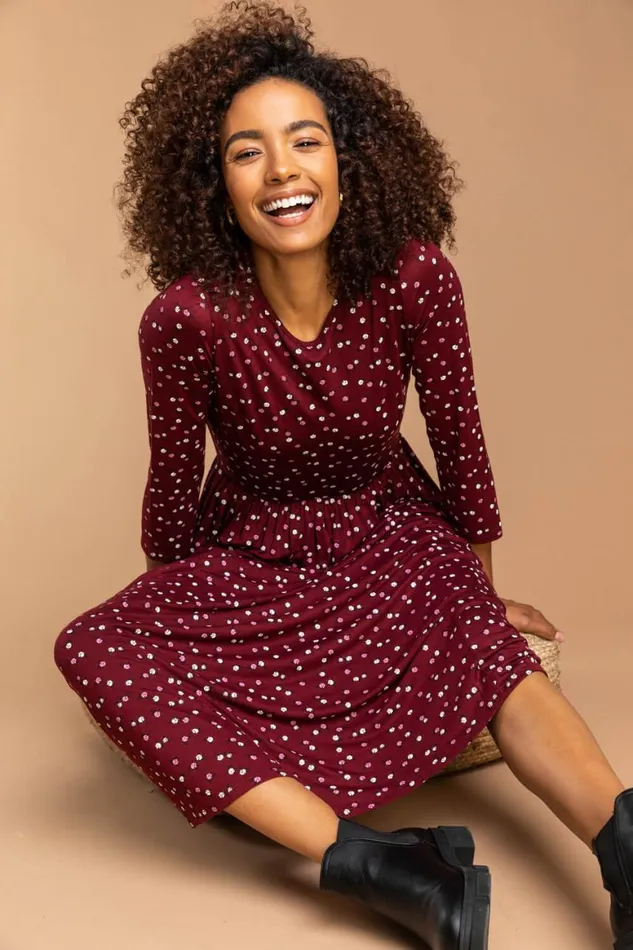 Women Wine Ditsy Floral Print Midi Dress Roman Dresses