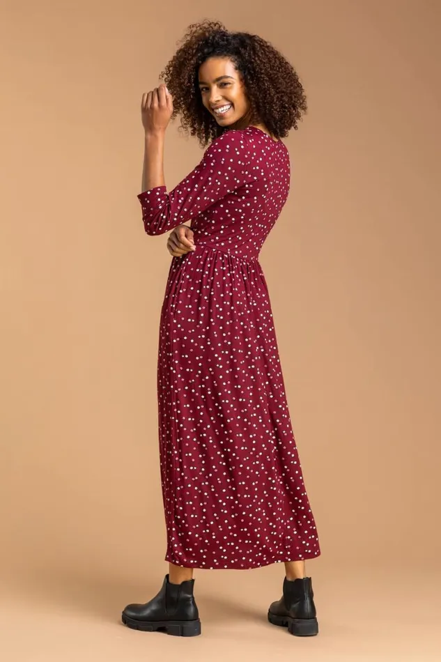 Women Wine Ditsy Floral Print Midi Dress Roman Dresses
