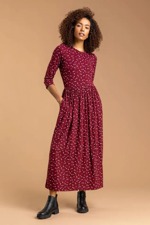 Women Wine Ditsy Floral Print Midi Dress Roman Dresses