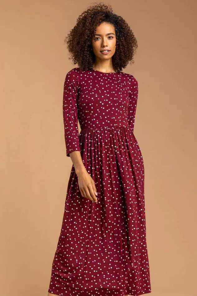 Women Wine Ditsy Floral Print Midi Dress Roman Dresses