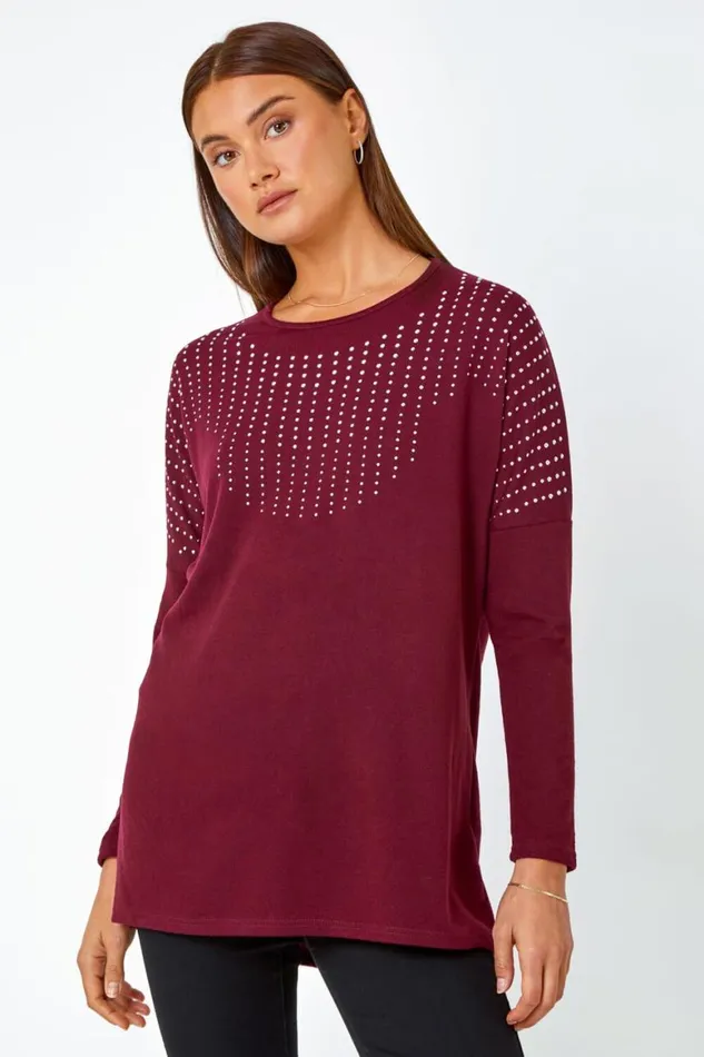 Women Wine Embellished Stretch Top Roman Tops