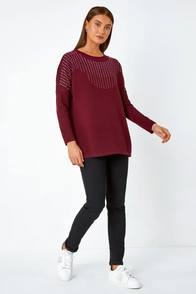 Women Wine Embellished Stretch Top Roman Tops