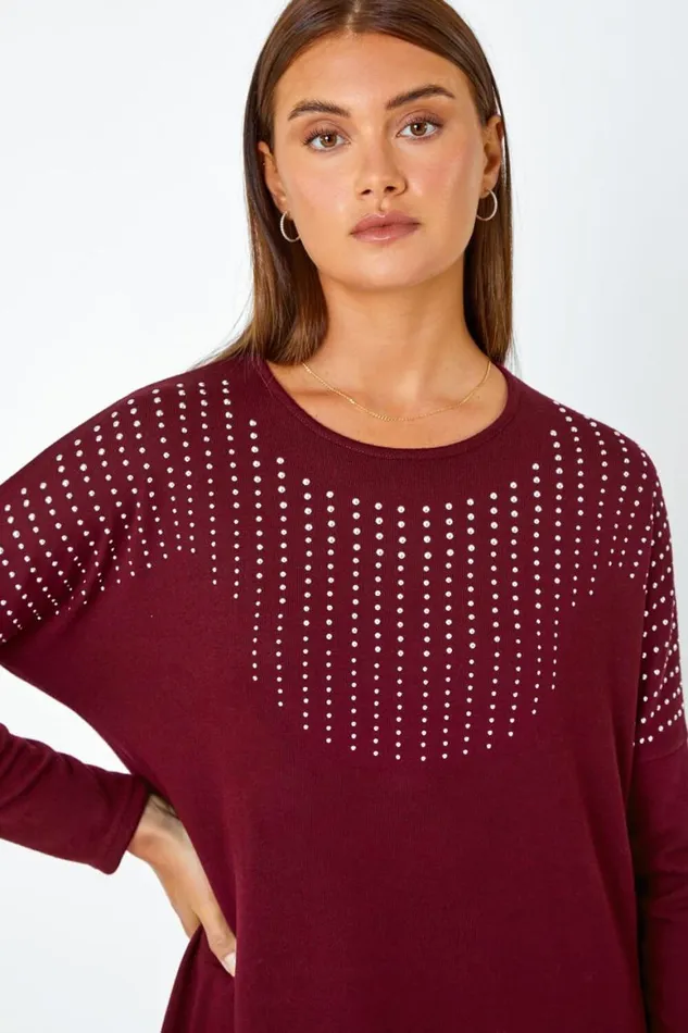 Women Wine Embellished Stretch Top Roman Tops