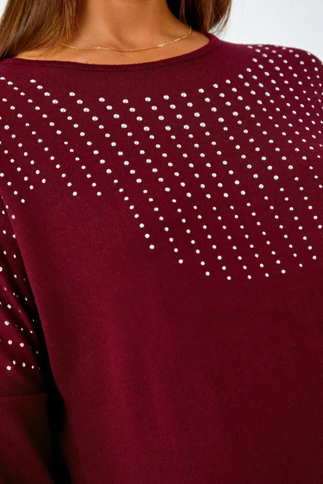 Women Wine Embellished Stretch Top Roman Tops