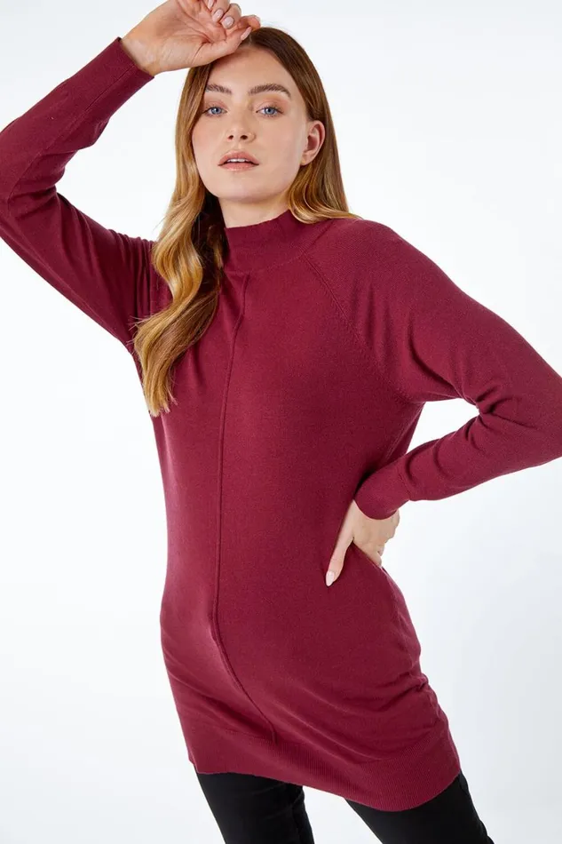 Women Wine Longline High Neck Tunic Jumper Roman Knitwear