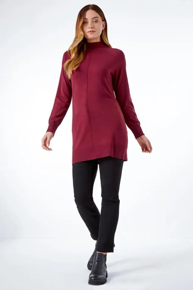 Women Wine Longline High Neck Tunic Jumper Roman Knitwear